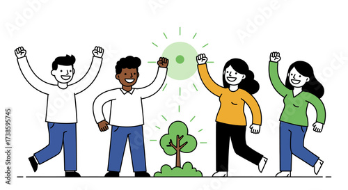 Celebrating unity and growth: group of diverse people with tree in flat design
