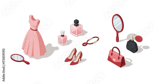 Fashion essentials isometric style: dress, perfume, accessories for stylish w…