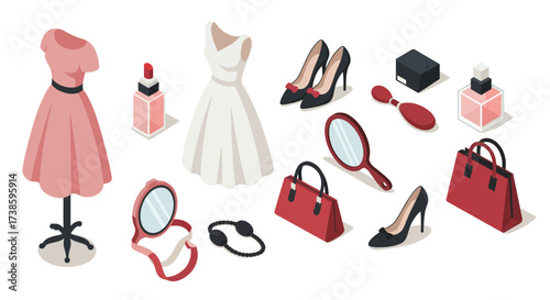 Elegant fashion accessories and dresses in isometric style for modern women's…