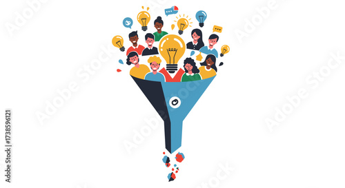Creative teamwork funnel concept with diverse people and light bulb ideas