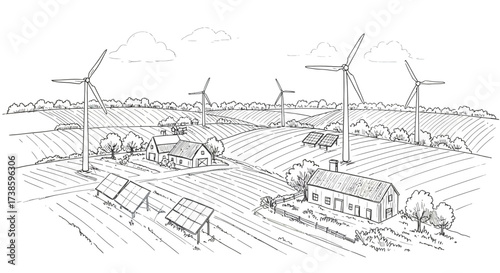 Rural landscape with renewable energy: wind turbines and solar panels in line…
