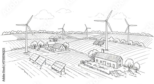 Rural landscape with wind turbines and solar panels in linear style
