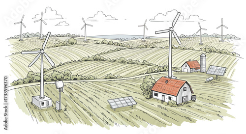 Idyllic rural landscape with wind turbines and solar panels in linear style