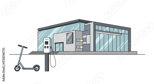 Modern eco-friendly building with electric scooter charging station in front