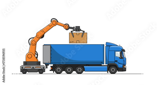 Logistics truck with robotic arm loading cargo box in modern flat design