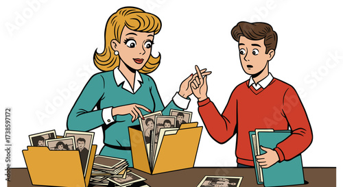 Retro cartoon style: organizing vintage family photos in folders