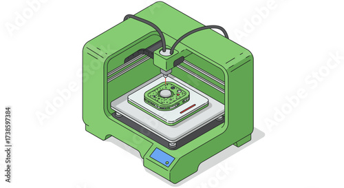Modern isometric 3d printer creating circuit board on white background