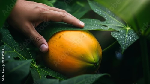 Gentle Hand Touches Ripe Papaya Amidst Lush, Dew-Kissed Greenery in Close-Up