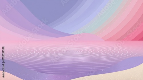 Abstract scene with ripples, reflection, landscape, rainbow arch, soft colors for design