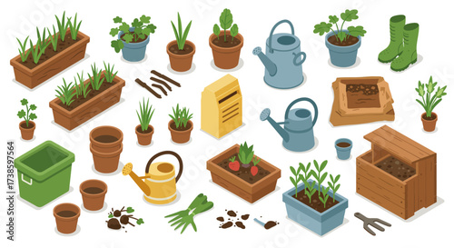 Gardening tools and plants in isometric style for backyard and urban farming…