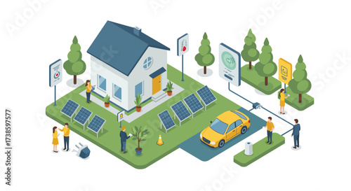 Modern eco-friendly smart home with solar panels and green technology in isom…