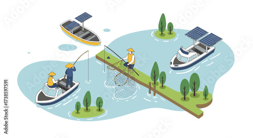 Sustainable fishing in renewable energy-powered boats on a serene lake