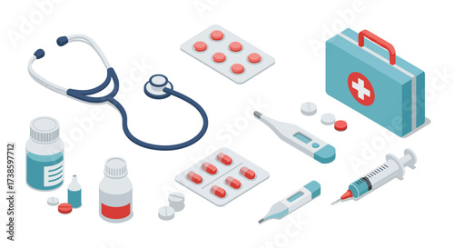 Isometric medical supplies set with stethoscope, pills, and first aid kit