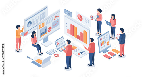 Business team analyzing data with charts and graphs in isometric office setting