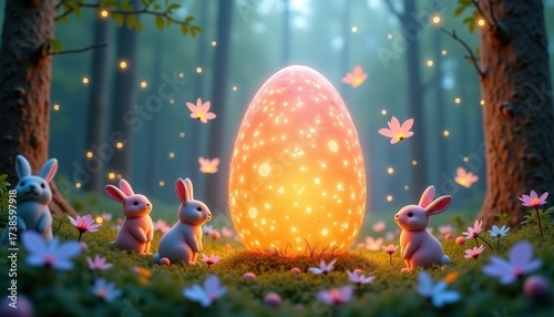 Magical scene with glowing egg surrounded by rabbits and flowers in an enchanted forest during dusk
