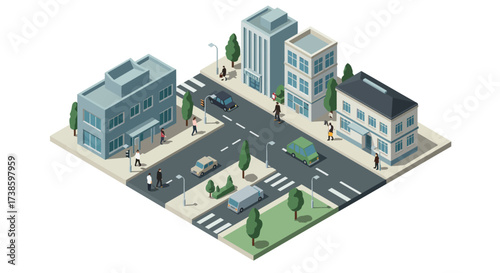 Isometric city block with buildings and streets in urban neighborhood scene