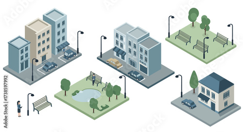 Isometric urban cityscape with buildings and park elements
