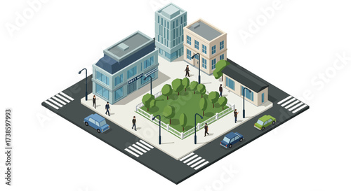 Isometric urban park scene with buildings and people on busy city intersection