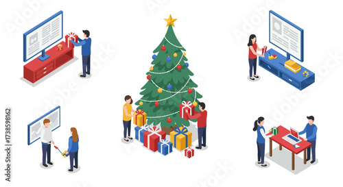 Isometric office christmas celebration with tree and gifts
