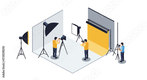 Isometric photography studio setup with professional lighting and equipment