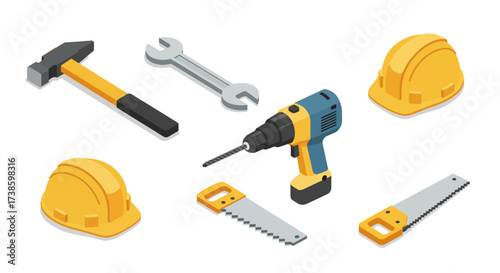 Isometric construction tools set with helmet, drill, wrench, and saw