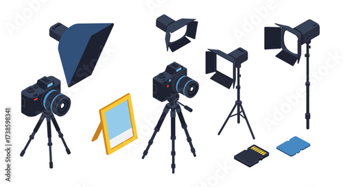 Isometric camera and lighting equipment set for studio photography setup