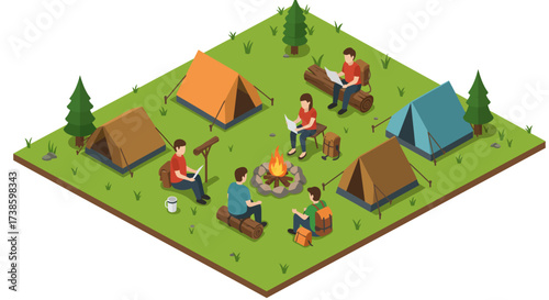 Isometric camping scene with tents and campfire in nature setting