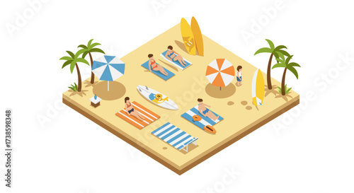 Isometric beach scene with surfboards, umbrellas, and relaxed vacationers