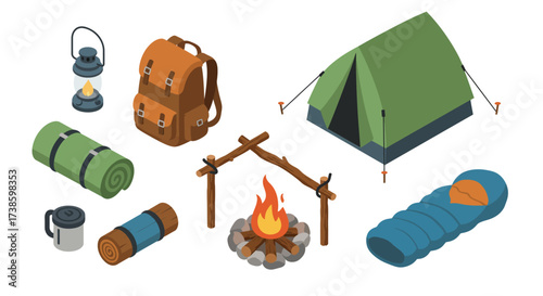 Outdoor camping essentials in isometric style with tent, backpack, and campfire