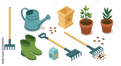 Garden tools and plants in isometric style for home gardening enthusiasts