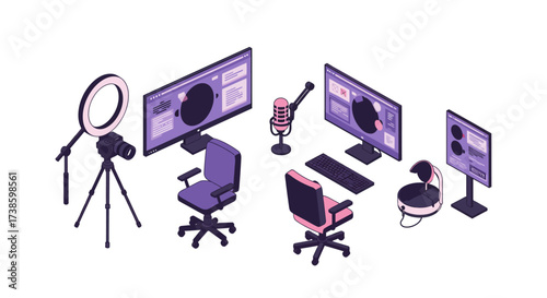 Isometric home streaming setup with dual monitors and podcast equipment