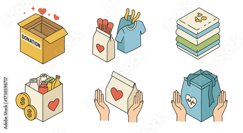 Charity icons: donations, helping hands, and community support symbols