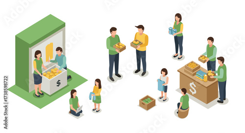 Isometric marketplace scene with people buying and selling goods