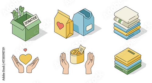 Charity donation box and items: hands, heart, food, clothes in modern isometr…