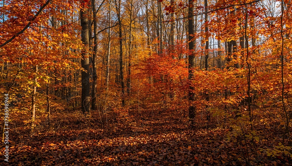 Obraz premium Autumn Forest Background with Golden Leaves and Sunlight