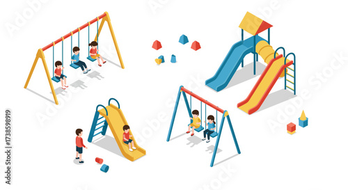 Isometric playground scene with swings and slides featuring children playing