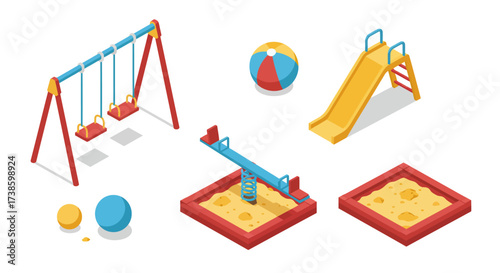 Vibrant isometric playground equipment including slide, swings, sandbox, sees…