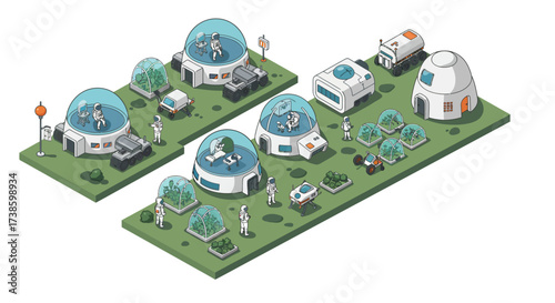 Futuristic isometric mars colony with modern domes and mars rovers for sustai…