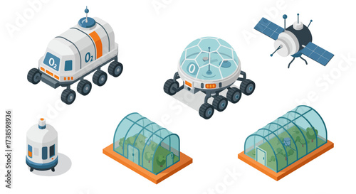 Futuristic space exploration equipment and greenhouses in isometric design