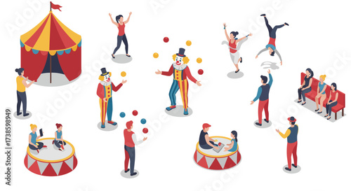 Lively circus scene with performers and audience in colorful isometric style