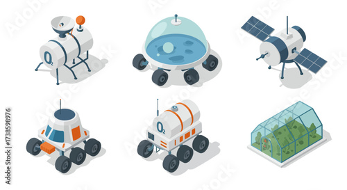 Isometric space exploration set: rovers, satellites, and greenhouse elements
