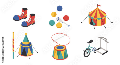 Colorful circus elements set: tent, juggling, drums, and more in isometric style