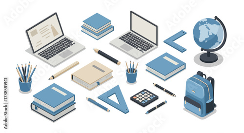 Isometric school supplies with laptops and globe for education theme