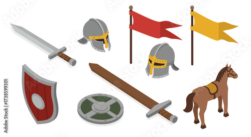Medieval elements set: swords, shields, flags, helmets, and horse in isometri…