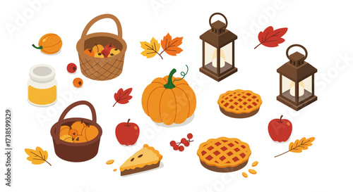 Autumn harvest collection: pumpkins, apples, and lanterns for festive fall decor