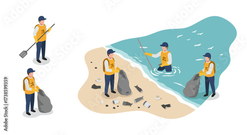 Team cleaning beach coastline in isometric style for environmental conservation