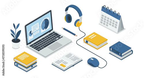 Isometric workspace setup with laptop, books, headphones, calendar, and offic…