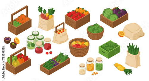Vibrant isometric fresh produce and grocery items in baskets and containers