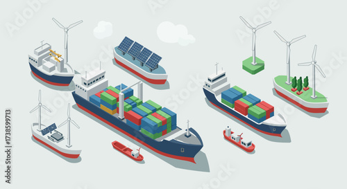 Isometric shipping vessels with solar panels and wind turbines