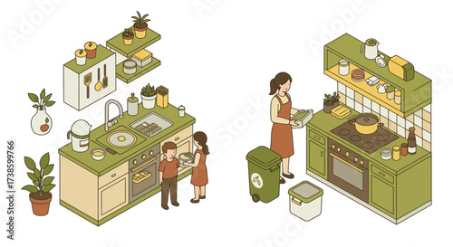 Modern isometric kitchen scene with family and green design elements